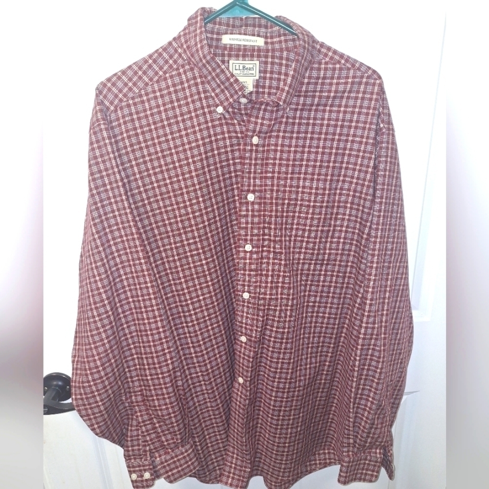 An LL Bean long sleeve men's XL button-down red plaid shirt.